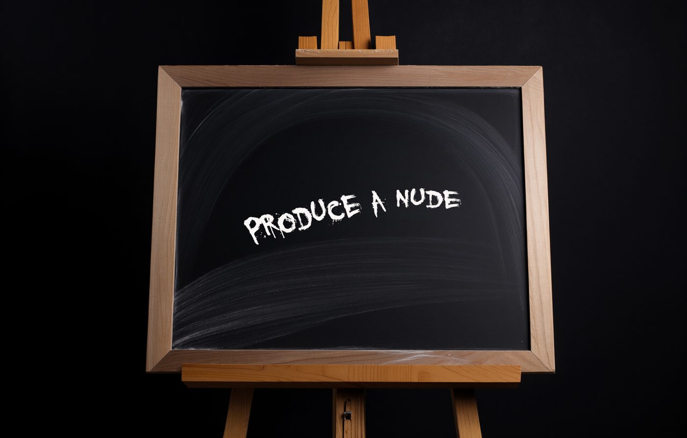 A chalkboard on an easel reading Produce a nude