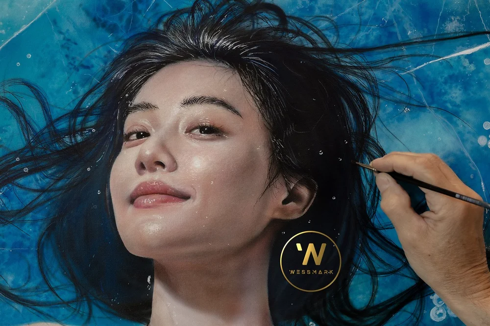 A hyperrealist painting of a woman's face, a brush at work on the canvas, by Johannes Wessmark