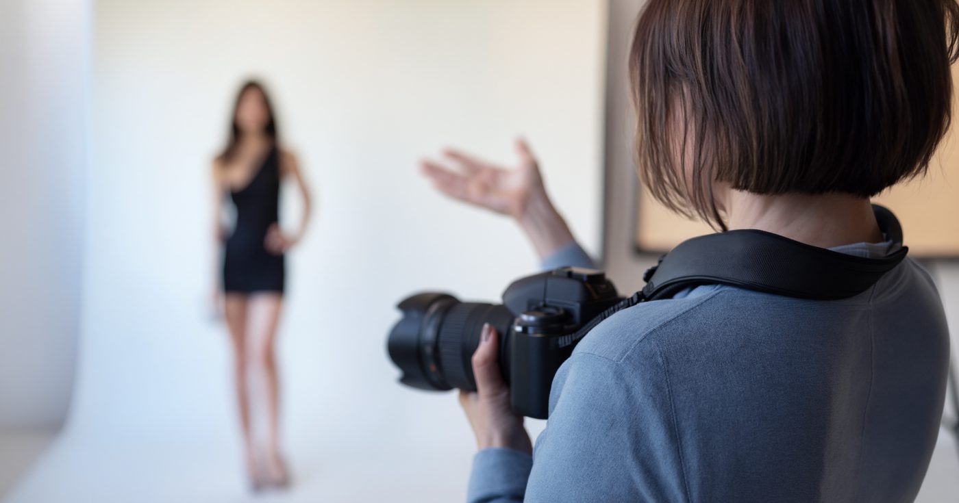 A female photographer seen from behind, directing a model with one hand, a long lens in the other